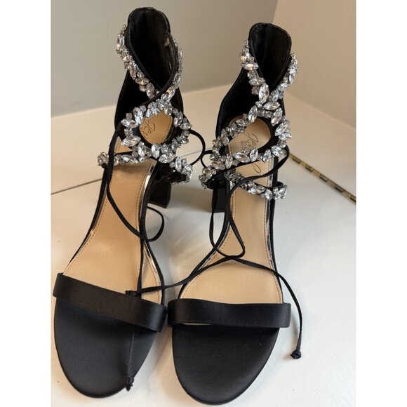 Badgley Mischka Jewel Thamar Crystal Strappy Block Heel Black Size 10 New $109 [ - Picture 6 of 8